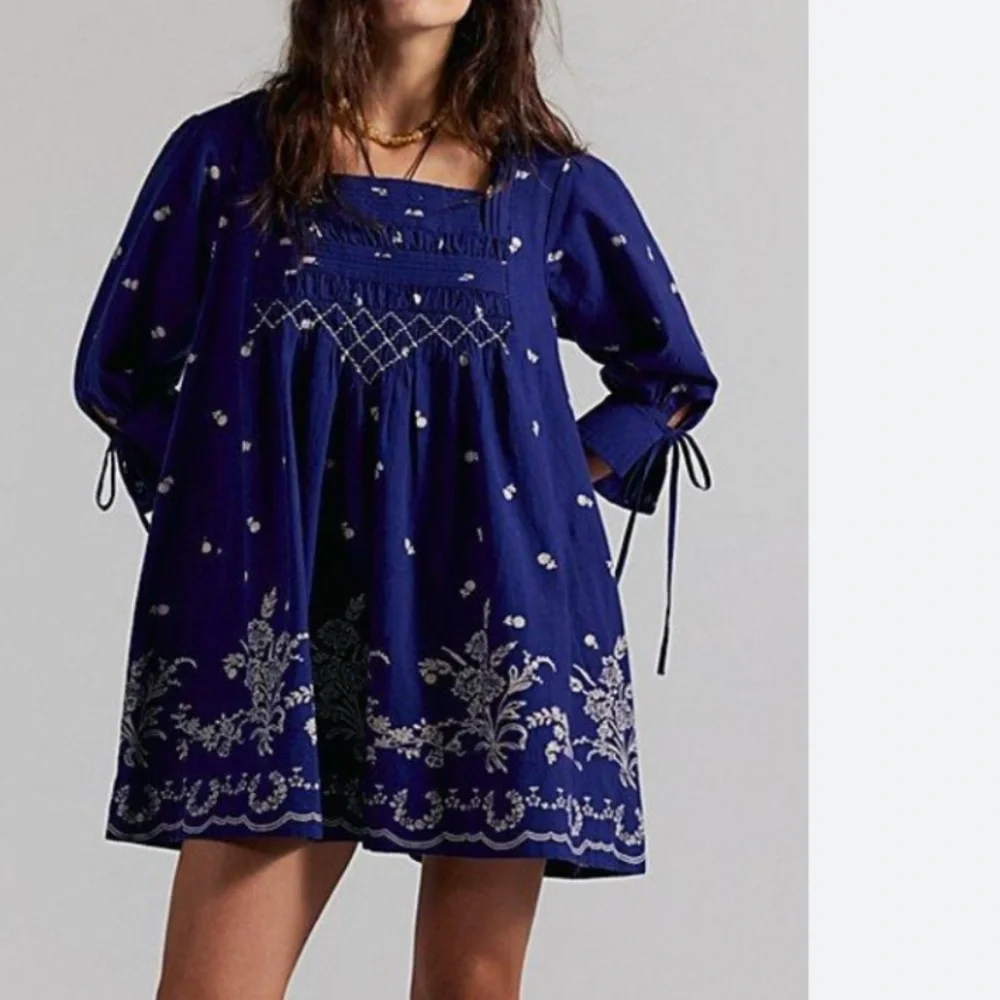 Free People Sonora Navy Blue Embroidered Mini Dress